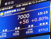 大阪取引所の金先物相場で７０００円の値を示す電光ボード＝７日午後（大阪取引所提供）