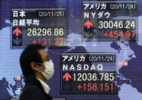 バブル崩壊後の最高値を更新した日経平均株価の終値などを示すボード＝２５日午後、東京・八重洲